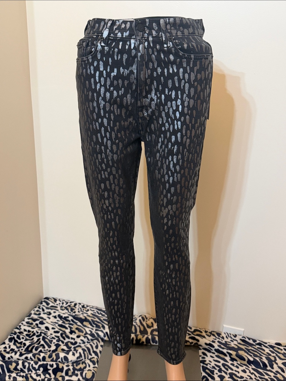 7 For All Mankind High Waist Black Denim Jeans with Silver Leopard Spots